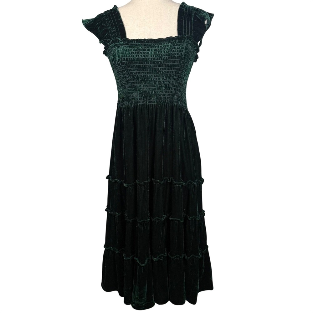 o.p.t Anthropologie Velvet Maxi Dress Womens M Green Smocked Tiered Ruffle